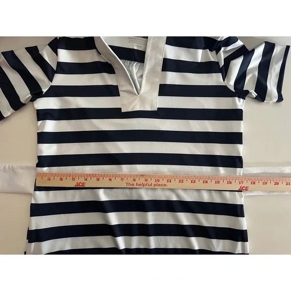 Dudley Stephens Madaket Maxi in Navy Cabana Stripe Sz S Belted Polo Collar Luxe - Picture 6 of 13